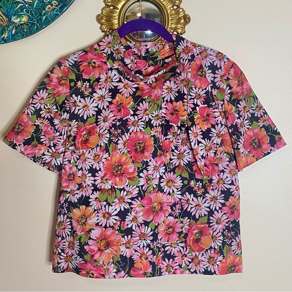 Vintage bow tie neck floral print with black background blouse